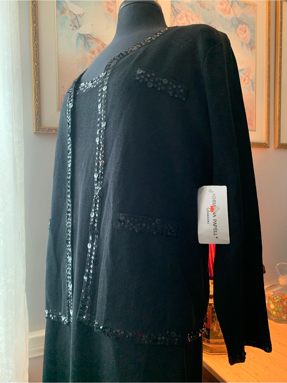 Adrianna Papell NWT Occasions Black
Sequin Knit Dress & Cardigan Jacket Set